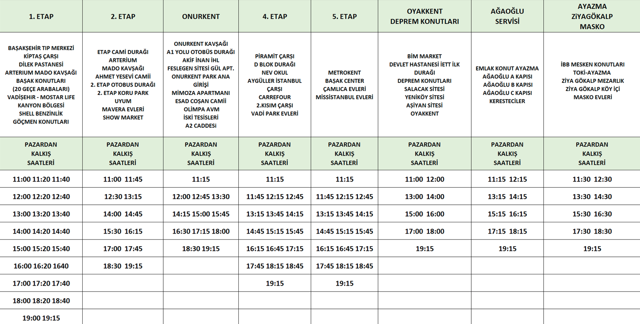 Başak Pazar Servis Saatleri